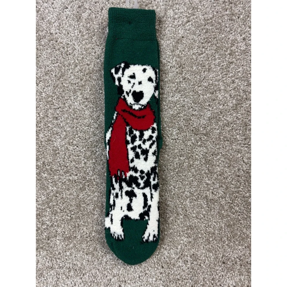 Green Fuzzy Dalmatian Dog Red Scarf Christmas Holiday Cozy Crew Socks
